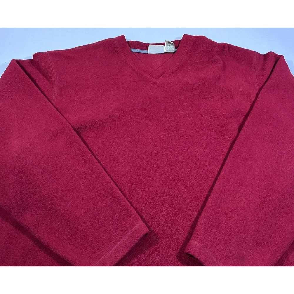 Vintage 90s LL Bean Red Fleece V-Neck Pullover Sweater Men's XL Hong Kong - Picture 3 of 9